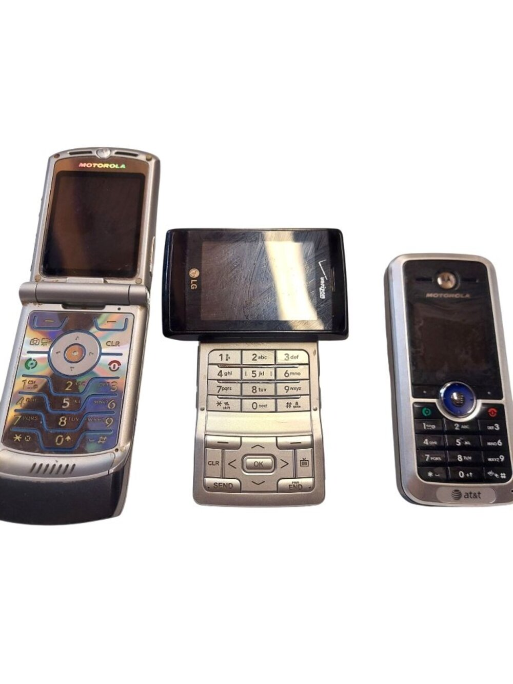Lot Of 3 Vintage Flip & Slide Phones Motorola RAZR V3 LG VX9400